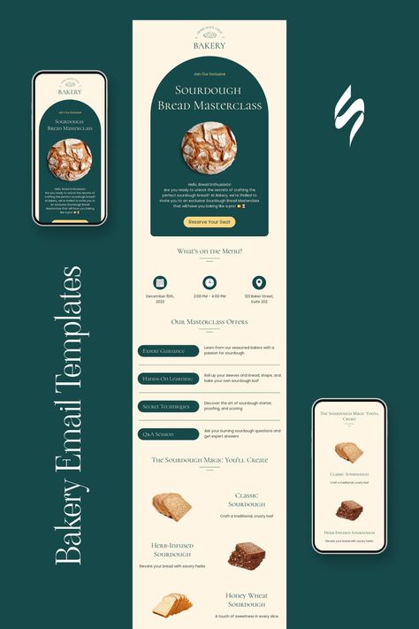 Events email template "Bread masterclass" for baking industry. Unlock email success. Follow us on Pinterest for design and marketing hacks! 📈💌 #eventsemail #bakery #stripoemail #emailtips #emailnewsletter #emailtemplate #emaildesign #emailmarketing #emaildesignlayout Creative Email Design, Emailer Design Layout, Newsletter Graphic Design, Email Marketing Design Newsletter Templates, Mailchimp Email Design, Portfolio Cover Design, Marketing Hacks, Email Marketing Design Inspiration, News Letter