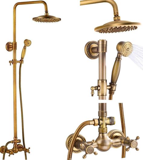 Antique Brass Bathroom Shower Faucet Set Brushed Gold Shower Fixture 8 Inch Rainfall Shower Head Handheld Shower Cross Handle - - AmazonSmile Antique Brass Bathroom Fixtures, Gold Shower Fixtures, Brass Bathroom Shower, Brass Bathtub Faucet, Brass Bathroom Fixtures, Small Bathroom Paint, Antique Brass Bathroom, Rain Shower System, Brass Shower Head