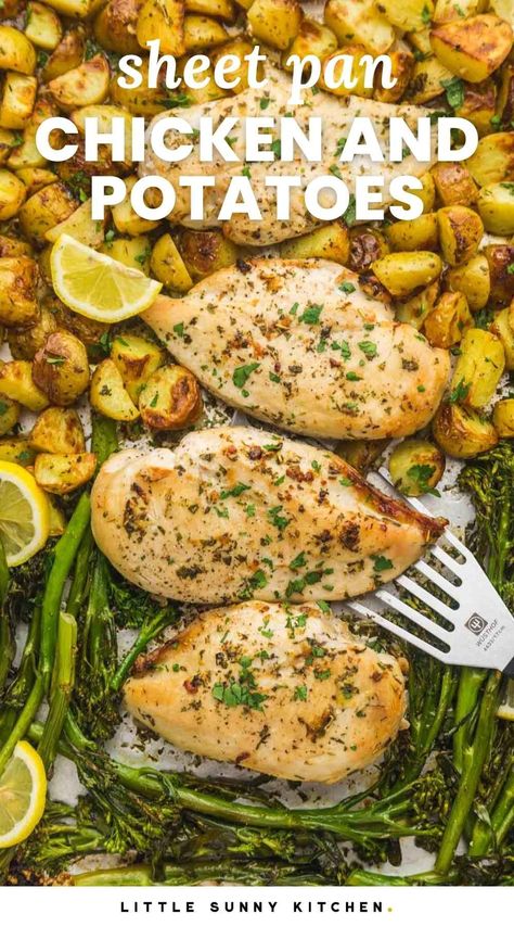 This sheet pan dinner is made with roasted chicken, potatoes, and broccoli coated in a butter lemon garlic sauce. Ready in under 1 hour with easy clean up too! Oven Roasted Chicken And Broccoli, Garlic Parmesan Sheet Pan Chicken And Veggies, Lemon Garlic Chicken Sheet Pan, Sheet Pan Chicken Broccoli And Potatoes, Sheet Pan Lemon Garlic Chicken, Sheet Pan Lemon Chicken And Potatoes, Lemon Chicken And Potatoes In Oven, Lemon Chicken Sheet Pan Dinner, Lemon Roasted Chicken And Potatoes