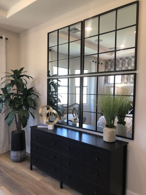 Dinning Room Mirror Ideas Wall, Crittall Mirror, Server Decor Ideas Dining Rooms, Large Mirror In Dining Room, Multiple Mirrors On Wall, Large Mirror Dining Room, Dinning Room Mirror, Dresser Wall Decor, Sideboard Decor Dining Room