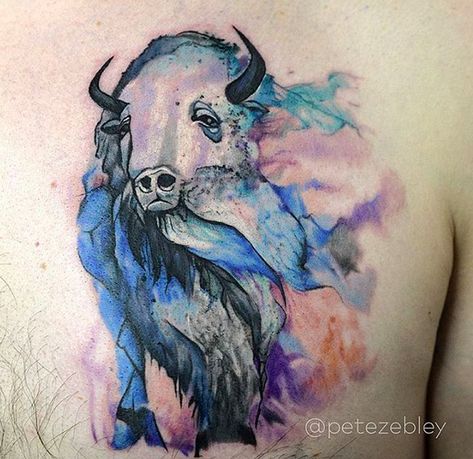 Bison Tattoo, Buffalo Tattoo, Watercolor Tattoo Artists, Freedom Tattoos, Patriotic Tattoos, Buffalo Art, Art Motivation, Bear Tattoos, Mountain Tattoo