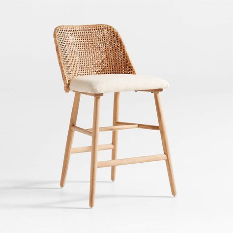 Astrid Upholstered Oak Wood and Rattan Counter Stool with Performance Fabric + Reviews | Crate & Barrel Canada Coastal Bar Stools, Rattan Counter Stools, High Dining Table, Basement Furniture, Island Stools, Casual Coastal, Coastal Aesthetic, Crate Barrel, Counter Height Bar Stools