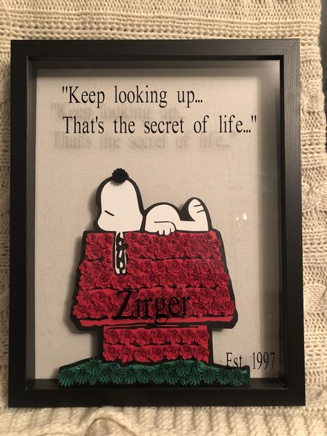 Snoopy shadow box Snoopy Cricut Projects, Cat Shadow Box Ideas, Teacher Shadow Box Gift, Dog Memorial Shadow Box Ideas Cricut, Coffee Bean Shadow Box Diy, Shadow Boxes Ideas, Charlie Brown Christmas Shadow Box Frame, Brownies In A Jar, Shadowbox Ideas