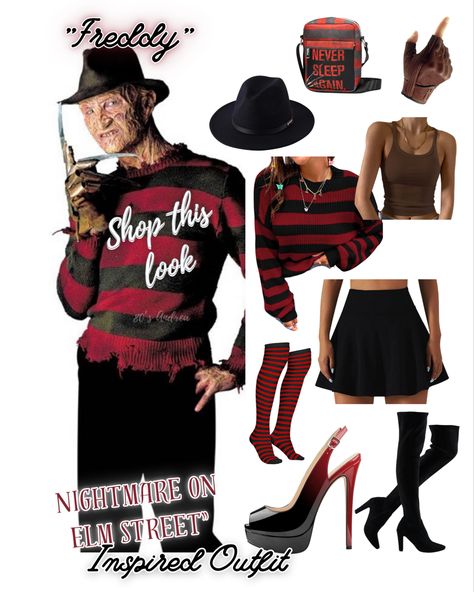 Boot, skirt, sweater, tank top, heels, glove, hat, backpack Freddy Costumes For Women, Freddie Cougar Costume Girl, Nightmare On Elm Street Outfit, Freddy Cougar Costume Women, Freddy Krueger Fantasia, Diy Freddy Krueger Costume Women, Freddie Krueger Costume, Freddy Krueger Outfit, Freddy Kruger Girl Costume