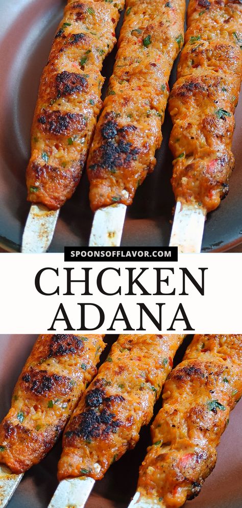 Image showing chicken adana on wide metal skewers. Homemade Chicken Kebab, Indian Skewers, Pot Luck Food Ideas, Chicken Adana Kebab Recipe, Chicken Adana, Turkish Recipes Chicken, Arabic Dinner, Kefta Kabob, Kebabs Recipes