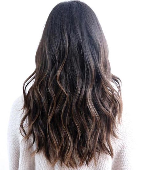 Wavy Black Hair With Brown Balayage                                                                                                                                                                                 More U Layers Long Hair, Shattered Layers Long Hair, Long Brown Hair Long Layers, Long Haircut Subtle Layers, Long Layered Haircuts Curled, Long Hair Subtle Layers, Long Hair With Subtle Layers, Thick Brown Hair Cuts, Wavy Hair Cuts Long