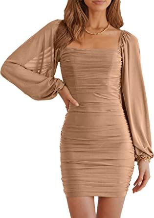 Looking for an elegant and stylish party dress? Look no further than this beautiful Women's Square Neck Lantern Long Sleeve Bodycon Dress! With its sophisticated ruched detailing, slimming mesh fabric, and flattering bodycon silhouette, this dress is the perfect choice for any formal occasion. women's dress, square neck, lantern sleeve, bodycon, ruched, mesh, slimming, elegant, stylish, cocktail dress, party dress. Mini Robes, Women Long Sleeve Dress, Ruched Bodycon Dress, Mesh Long Sleeve, Long Sleeve Bodycon, Lantern Sleeve, Long Sleeve Mini, Mini Dress With Sleeves, Lantern Sleeves