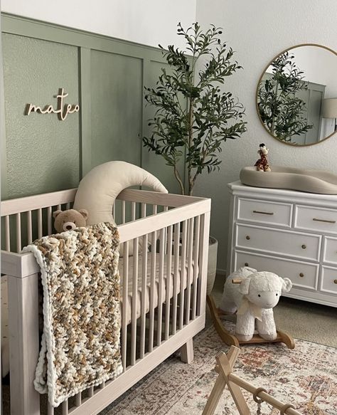 Green Grey And Beige Nursery, Sage And Wood Nursery, Boho Boy Nursery Ideas, Accent Wall Baby Room, Sage Baby Room, Sage Nursery Boy, Boy Nursery Ideas Green, Sage Green Boy Nursery, Sage Green Panelling