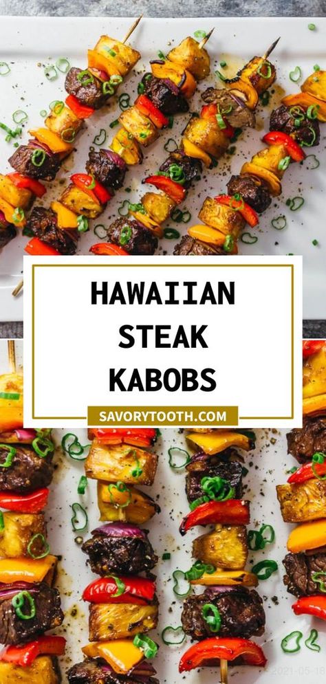 I love these crazy good Hawaiian steak kabobs with fresh pineapples and bell peppers. They are marinated with a homemade Hawaiian steak marinade and broiled in the oven (or grilled). Beef Kabobs In Oven, Oven Kabobs, Hawaiian Steak, Shish Kabobs Marinade, Steak Kabob Marinade, Grilled Steak Kabobs, Beef Kabob Recipes, Pork Kabobs, Grilled Kabob Recipes