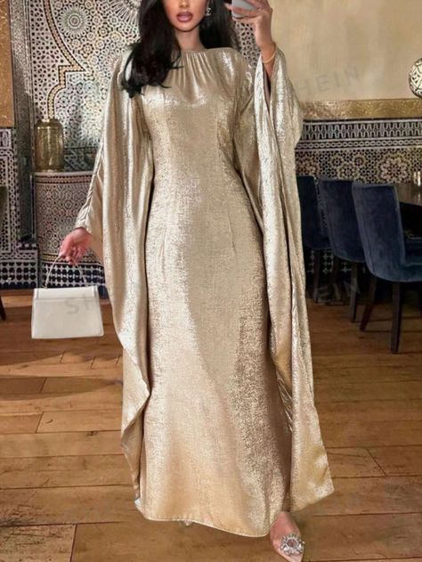 SHEIN Clasi Women's Elegant Light Gold Spring/Summer Dress With Oversized Batwing Sleeves | SHEIN USA Gold Modest Dress, Gold Abaya, Beige Birthday, Satin Outfits, Silk Fabric Dress, Eid Outfit, Muslim Style, Printed Casual Dresses, Dresses Aesthetic