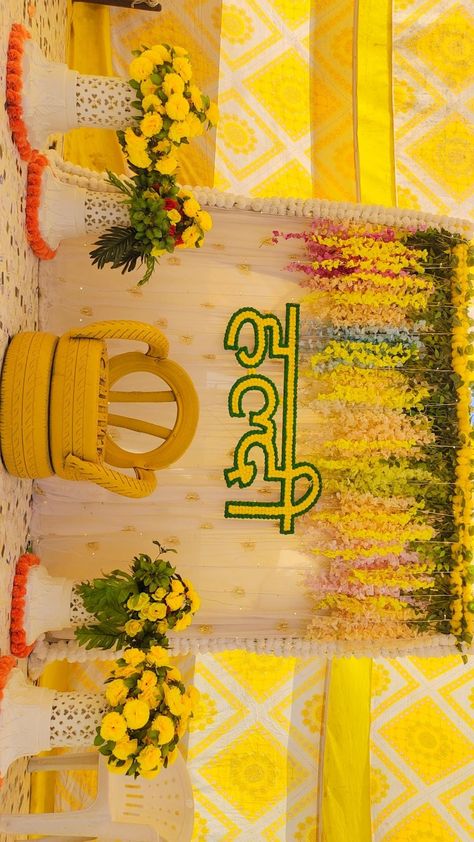 Mehndi Decoration Ideas At Home, Haldi Function Decoration, Animated Movie Characters, Haldi Decoration Ideas, Haldi Ceremony Decorations, Engagement Stage Decoration, Haldi Ceremony Outfit, Simple Stage Decorations, Haldi Function