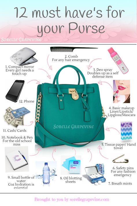 12 must have for your purse Things To Carry In Your Bag, Purse Contents Ideas, Purse Essentials For Women, Handbag Contents Ideas, Must Haves For Purse, Essentials For Work Bag, Women Purse Essentials, Must Have In Purse, Work Bag Essentials Woman