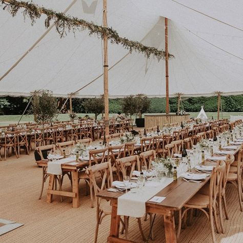 Wedding Table Scape In Marquee Reception Church Ceremony with Marquee for Rousham House Wedding with Minimalist Bride Dress, Neutral Bridesmaid Dresses and A Bridal Braid by Jason Mark Harris Marquee Wedding Decor, Sailcloth Tent Wedding, Tipi Wedding Ideas, Long Wedding Tables, Marquee Reception, Marquee Wedding Decoration, Marquee Wedding Reception, Tipi Wedding Decor, Party Marquee