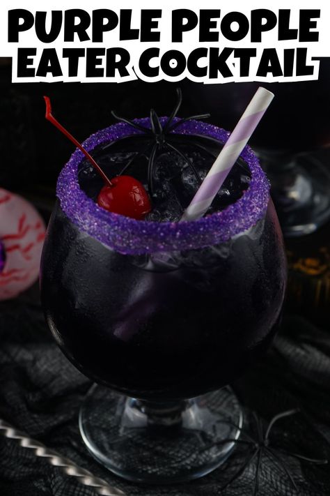 Headon view of Purple People Eater Cocktail in a glass with a purple sugar rim. Purple People Eater Punch, Spooky Season Cocktails, Purple Punch Recipe Alcoholic, Purple People Eater Cocktail, Purple People Eater Drink, Halloween Party Easy, Cocktail Halloween, Vodka Blue, Vodka Cranberry