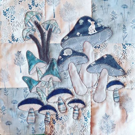 Updated pic, but still not complete. #mushrooms #applique #sew #bluetones #fungi Mushroom Quilts, Mushroom Applique, Growth And Decay, Lions Mane Mushroom, Lion Mane, Mushroom Art, Blue Tones, Quilting Designs, Sewing Projects