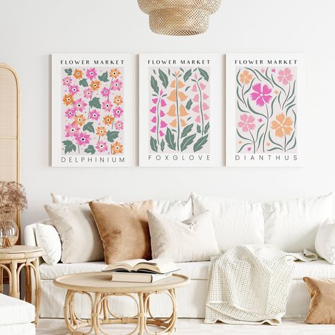 Set of 3 Flower Market Canvas Wall Art Prints in Pink & - Etsy UK Gallery Wall Dorm, Flower Market Prints, Botanical Posters, Dorm Wall Decor, College Apartment Decor, Dorm Walls, Botanical Poster, 3 Piece Wall Art, Colorful Wall Art