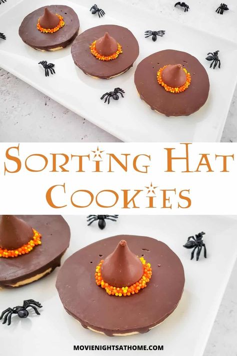 These Harry Potter Witch Hat Cookies are the perfect addition to your movie night! You could also call them Sorting Hat cookies -- though they're a little cuter than the talking hat that chooses whether you're a Gryffindor, Slytherin, Ravenclaw, or Hufflepuff! Halloweentown Movie Night, Sorting Hat Cookies, Halloweentown Movie, Harry Potter Treats, Harry Potter Desserts, Harry Potter Witch, Harry Potter Hat, Fudge Stripe Cookies, Witch Hat Cookies