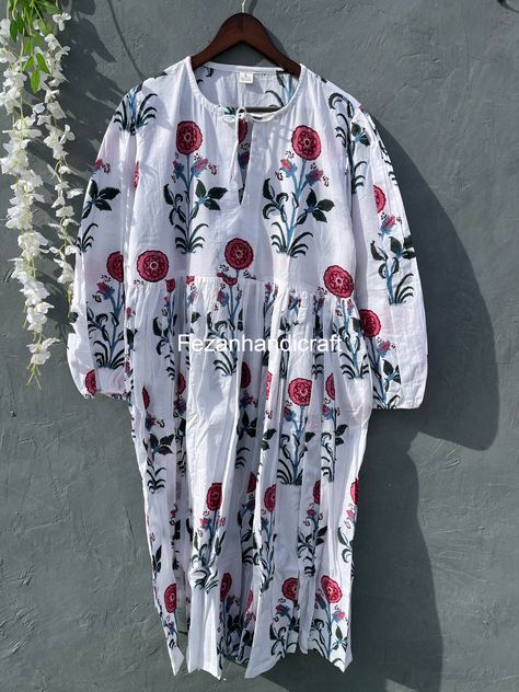 Women's Floral Hand Block Printed Cotton Dress, Indian Tunics, Hand Printed Dress, Indian Cotton Long Gown, Cotton Bohemian maxi Dress, Cotton Dress Indian, Indian Tunic, Bohemian Maxi, Dress Indian, Bohemian Maxi Dress, Printed Cotton Dress, Indian Cotton, Long Gown, Printed Dress