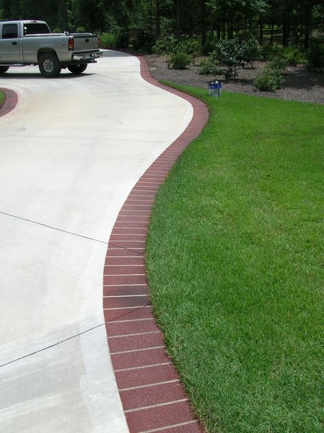 Brick Edging for the Driveway | Landscape | Pinterest Concrete Driveway With Brick Inlay, Driveway Landscaping Plants, Brick Lined Driveway, Concrete Inspiration, Driveway Border, Driveway Edging, Brick Border, Patio Edging, Brick Driveway