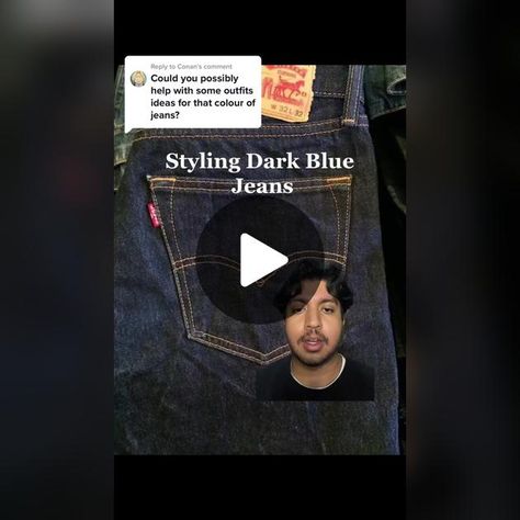 Replying to @Conan styling tips for dark blue denim #fallstyleinspo #... | how to style dark blue jeans men | TikTok Dark Denim Jeans Outfit Men, Dark Wash Jeans Outfit Men, Dark Jeans Outfit Men, How To Style Dark Blue Jeans, Dark Blue Denim Jeans Outfit, Dark Blue Jeans Outfit Men, Denim Jeans Outfit Men, Dark Denim Jeans Outfit, Men Tiktok