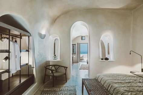 The Most Beautifully Designed Greek Island Hotels | Architectural Digest Santorini Greece Hotel, Greece Hotel, Resort Interior Design, Greece Design, Indoor Jacuzzi, Santorini Villas, Resort Interior, Island Hotel, Santorini Hotels