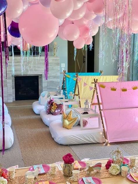 Princess Birthday Party Ideas | Photo 2 of 8 | Catch My Party Princess Sleepover Party Ideas, Disney Princess Slumber Party, Princess Slumber Party Ideas, Disney Princess Sleepover, Princess Sleepover Party, Princess Slumber Party, Princess Birthday Party Ideas, Princess Theme Party, Princess Photo