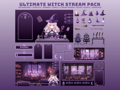 purple twitch overlay animated vtuber background witch twitch overlay witch vtuber asset purple twitch banner purple stream package animated by SubtleStyleStudio on Etsy Vtuber Overlay Design, Vtuber Banner, Witch Vtuber, Twitch Overlay Ideas, Twitch Background, Streaming Overlay, Banner Twitch, Vtuber Background, Vtuber Assets