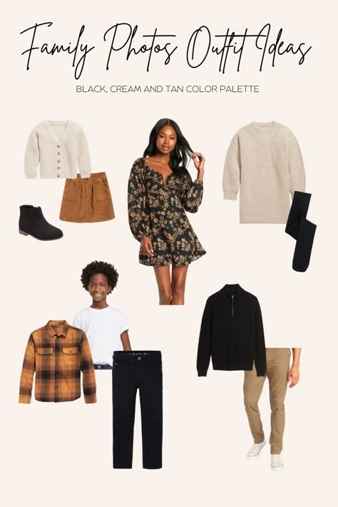 Brown Color Palette Family Photos, Family Photo Outfits Neutral Black, Black Brown Cream Family Photos, Fall Photoshoot Outfits Family Black, Tan And Black Family Photo Outfits, Black And Cream Family Photo Outfits, Black And Brown Family Photo Outfits, Black Family Photo Outfits, Black And Camel Family Pictures