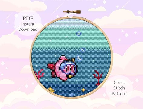 Kirby Video Game inspired Cross Stitch Pattern #crossstitch #kirby #cute Kirby Cross Stitch Pattern Free, Kirby Cross Stitch Pattern, Kirby Swimming, Kirby Cross Stitch, Kirby Video, Pony Bead Crafts, Meta Knight, Stitch Art, Adobe Acrobat