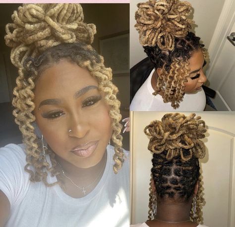 Loc Hair Styles For Wedding, Pedal Locs Style, Locs With Added Ponytail, Female Loc Updo Styles, Locks Updo Styles, Petal Ponytail Locs, Curly Loc Updos For Women, Long Loc Styles Women Easy, Interlocking Locs Styles