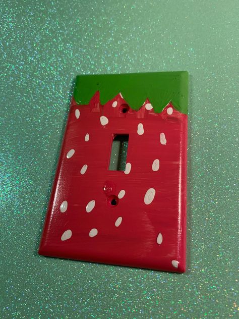 Standard size single light switch cover. This beautiful cover is decorated with a Strawberry theme. Each plate is hand painted by the shop's artist, Courtney! ;-) We are in the process of increasing inventory with double and triple switch plates. *all plates include matching colored screws Outlet Painting Ideas Easy, Lightswitch Ideas Painting, Light Switch Diy, Outlet Painting Ideas, Outlet Covers Painting, Painted Bedroom Doors, Painted Outlets, Light Switch Art, Light Switch Covers Diy