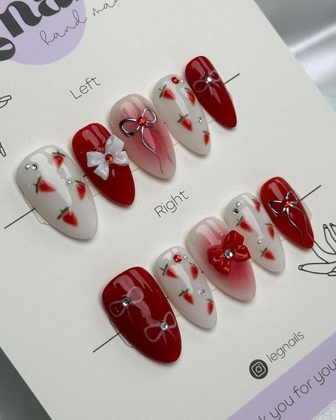 Nail Art Cute, Nails Hand Painted, Fake Nails Designs, Nails Gel Nails, Red Nail Art, Custom Press On Nails, Nails 3d, Cherry Nails, Nails Fake