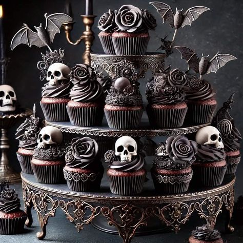 Halloween Cupcakes Wedding, Halloween Skull Cupcakes, Gothic Cookies, Goth Cupcakes, Gothic Cupcakes, Goth Wedding Cake, Gothic Cakes, Halloween Cake Design, Halloween Boutique