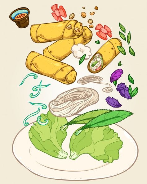 Vegetarian spring rolls - Nem chay Spring Roll Drawing, Spring Roll Illustration, Tet Food, Vietnamese Rice Paper Rolls, Vegetarian Spring Rolls, Vietnamese Spring Rolls, Rice Paper Rolls, Spring Roll Recipe, Filipino Art