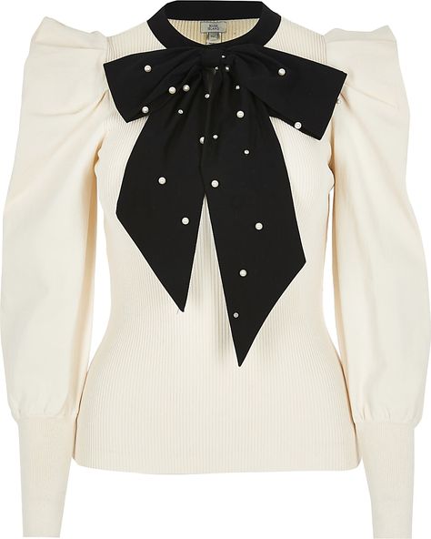 Cream long sleeve embellished bow top | River Island