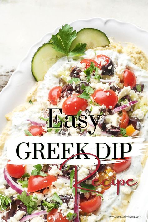 Greek Dip With Hummus And Tzatziki - Pretty DIY Home Layered Greek Dip Recipe, Greek Dips And Spreads, What To Serve With Tzatziki Dip, Mediterranean Dip Recipes, Turkish Dips, Greek Dip Appetizer, Greek Hummus Recipe, Layered Hummus Dip, Greek Hummus Dip