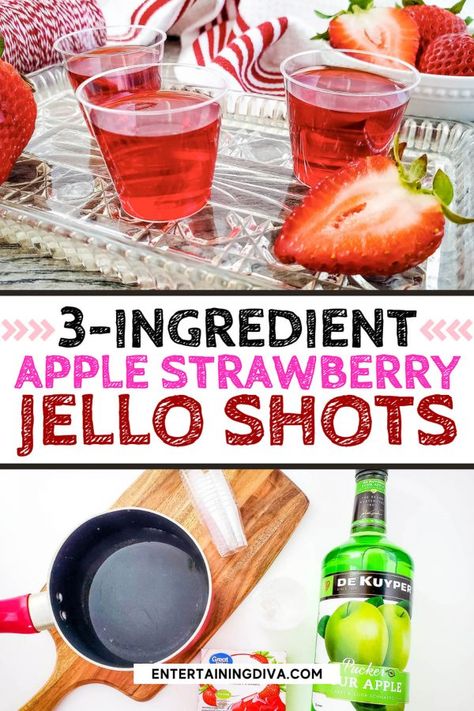 Made with Sour Apple Pucker, apple juice and strawberry gelatin, these apple strawberry jello shots are super easy to make and so tasty! Green Apple Jello Shots, Apple Jello Shots, Holiday Jello Shots, Hot Apple Juice, Strawberry Jello Shots, Sour Apple Pucker, Best Jello Shots, Jello Shots Recipe, Christmas Jello Shots