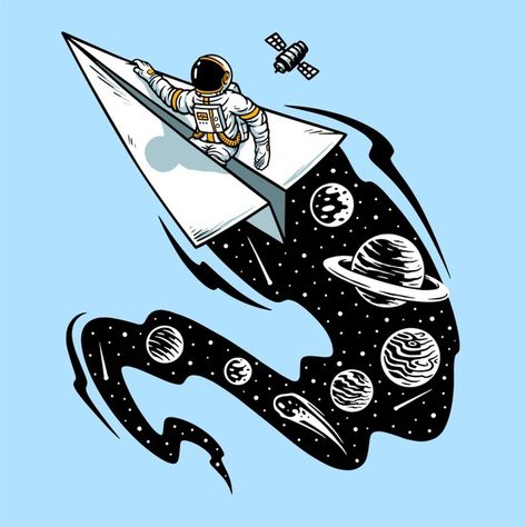 Paper Plane Tattoo, Plane Drawing, Plane Tattoo, Astronaut Illustration, Fly Paper, Space Illustration, Boy Illustration, Paper Plane, Space Travel