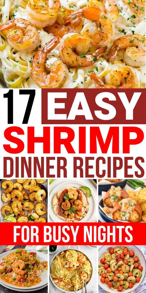 These shrimp dinner recipes are so tasty! This collection of easy shrimp recipes includes shrimp tacos, sesame shrimp bowls, lemon garlic shrimp kebabs, shrimp Alfredo, Cajun shrimp, Thai shrimp coconut curry soup and so much more. These are the best shrimp dinners to feed your family on busy weeknights. Easy Shrimp Dinners For Families, Dinner Idea With Shrimp, Quick And Easy Shrimp Recipes, Recipe Using Cooked Shrimp, Large Shrimp Recipes Dinners, Meals With Shrimp Dinners, Shrimp Newburg Recipes, Recipes For Shrimp Easy, Easy Shrimp Dinner Recipes Healthy