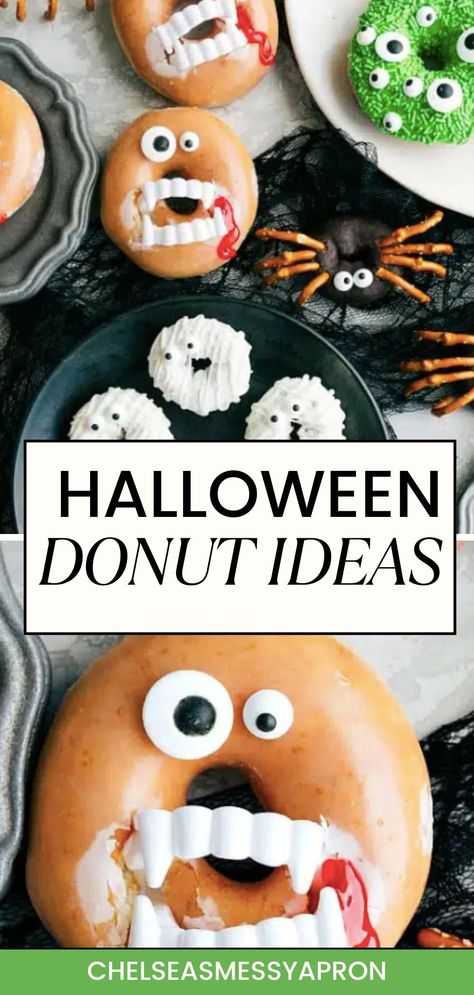 Halloween donuts are a blast to decorate with four fun and simple ideas, and they taste as amazing as they look! Halloween Doughnuts Ideas, Halloween Mini Donuts Ideas, Halloween Donuts Ideas, Halloween Donuts With Teeth, Donut Halloween Treats, Halloween Doughnuts With Teeth, Doughnuts With Vampire Teeth, Powdered Donut Halloween, Donut Hole Halloween Treats