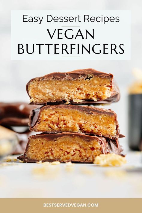 Craving a chocolaty, decadent candy bar, but don't want all of the added sugar? Try this homemade vegan Butterfingers recipe that will satisfy your cravings but only has 7 ingredients and is so much healthier than store-bought candy! This vegan butterfingers recipe does not disappoint. It has all of the same crunchy, peanut butter, chocolatey flavor that you know and love but is so simple to make, requires no baking, and is SO much healthier than the store-bought candy bar. Butterfingers Recipe, Healthy Chocolate Bars, Melt Chocolate In Microwave, Vegan Candy, New Year's Desserts, Healthy Candy, Vegan Candies, Chocolate Coating, Healthy Chocolate