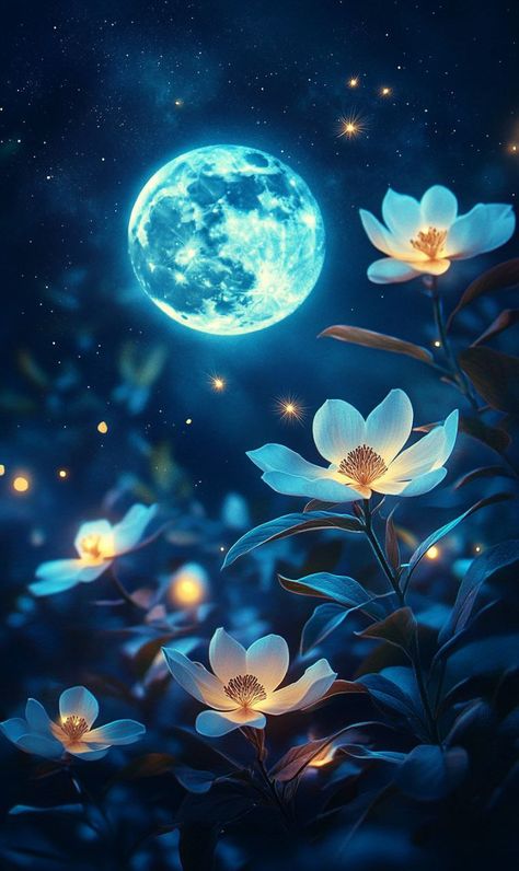 Firefly Photography, Full Blue Moon, Night Cafe, Glowing Flowers, Beauty Professional, Draw Together, Moon Flower, Pretty Wallpapers Backgrounds, American Traditional