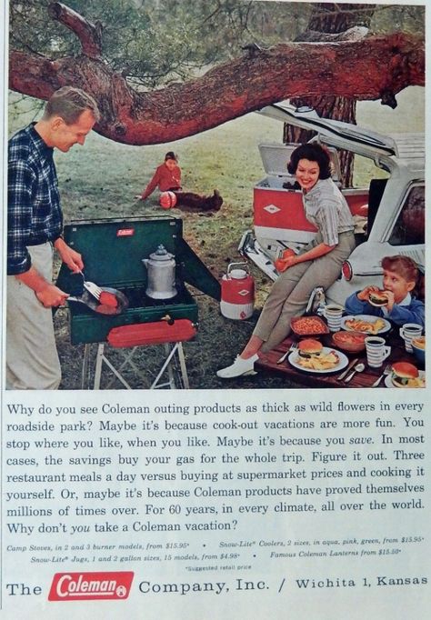 Coleman outing products 60 s Vintage print ad  Color Illustration  family camping Post Magazine Art Vintage Camping Photos, Vintage Camping Gear, Camping Illustration, Coleman Camping, Vintage Coleman, Illustration Family, Road Trip To Colorado, Retro Camping, Postal Vintage