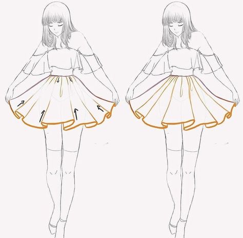 How To Draw A Ruffled Skirt, Pleated Skirt Art Reference, Skirt Art Drawing, Flowing Skirt Drawing, Fluffy Skirt Drawing Reference, Flowy Skirt Reference Drawing, Flowing Skirt Reference, Skirts Drawing Reference, Skirt Physics Drawing