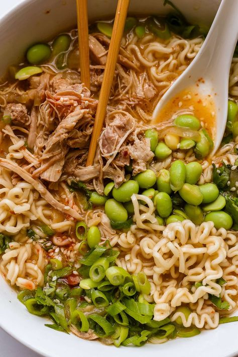 An easy recipe for creamy chicken ramen made from scratch and slow-cooked to perfection. I make this slow cooker ramen with chicken thighs, but you can use other chicken cuts in this recipe. You can also use this recipe with an instant pot or on the stovetop (directions for all methods are included). #slowcooker #crockpot #chicken #ramen Ramen Noodle Slow Cooker Recipe, Crock Pot Chicken Ramen, Slow Cooker Ramen Noodles, Crockpot Chicken Ramen, Ramen Crockpot Recipes, Slow Cooker Ramen Recipes, Crockpot Ramen Recipes, Ramen Slow Cooker, Crockpot Chicken Thighs Recipes