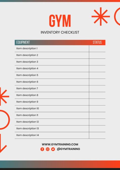 Gradient Gym Equipment Inventory Checklist Gym Workout Routine, Inventory Checklist, Work Out Routines Gym, Checklist Template, Yoga Gym, Used Tools, Business Branding, Free Graphic Design, Gym Workout