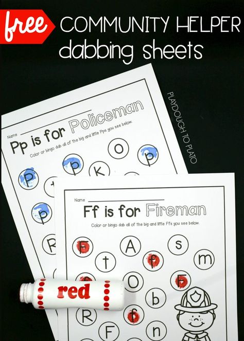 Free alphabet dabber sheets. Fun for a community helper unit, ABC game or literacy center! Community Helpers Literacy, Prek Community Helpers, Community Helpers Math, Preschool Community Helpers Theme, Community Helpers Week, Community Helper Lesson, Community Helpers Kindergarten, Community Helpers Activities, Community Helpers Preschool Activities