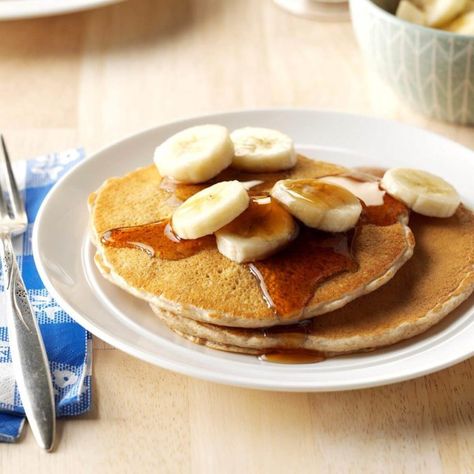 Inspired by: Hearty 9-Grain Pancakes 9 Grain Pancakes, Banana Blueberry Pancakes, Blueberry Pancakes Recipe, Banana Oatmeal Pancakes, Wheat Pancakes, Banana Pancakes Recipe, Homemade Banana Bread, Oat Pancakes, Oatmeal Pancakes