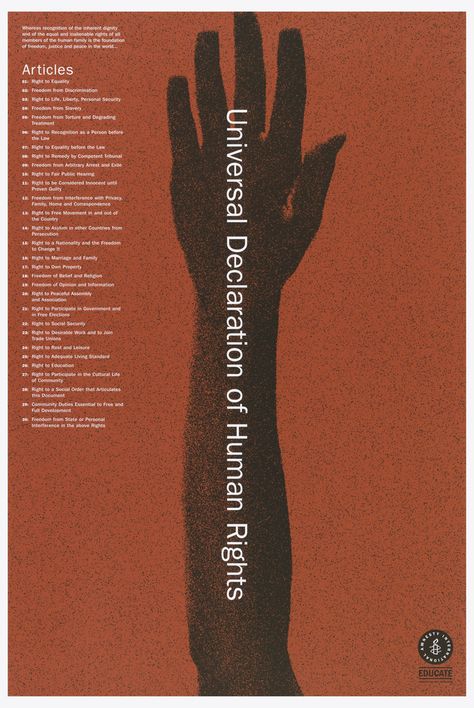 On a red background, there is a silhouette of forearm and hand in black. Atop the arm in white print reads "Universal Declaration of Right". Along the top left side of the poster lists the 30 articles of the Universal Declaration of Human Rights (UDHR). Racial Justice Quotes, Universal Declaration Of Human Rights, Barra Bar, Justice Quotes, Declaration Of Human Rights, Human Rights Day, Amnesty International, Racial Justice, Paper Sheet