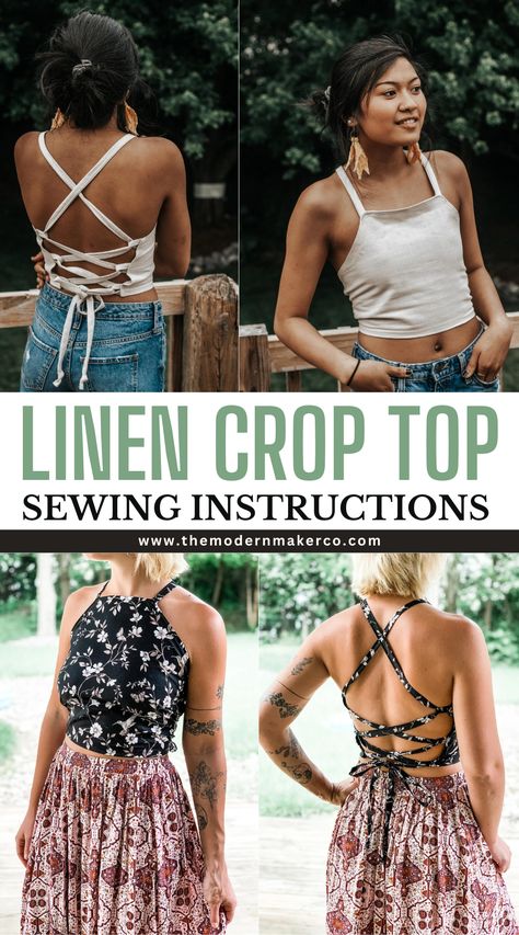 linen crop tops women Crop Top Tutorial, Crop Top Sewing, Diy Bralette, Cloth Ideas, Sewing Guide, Linen Crop Top, Top Sewing, Strappy Crop Top, Sewing Instructions